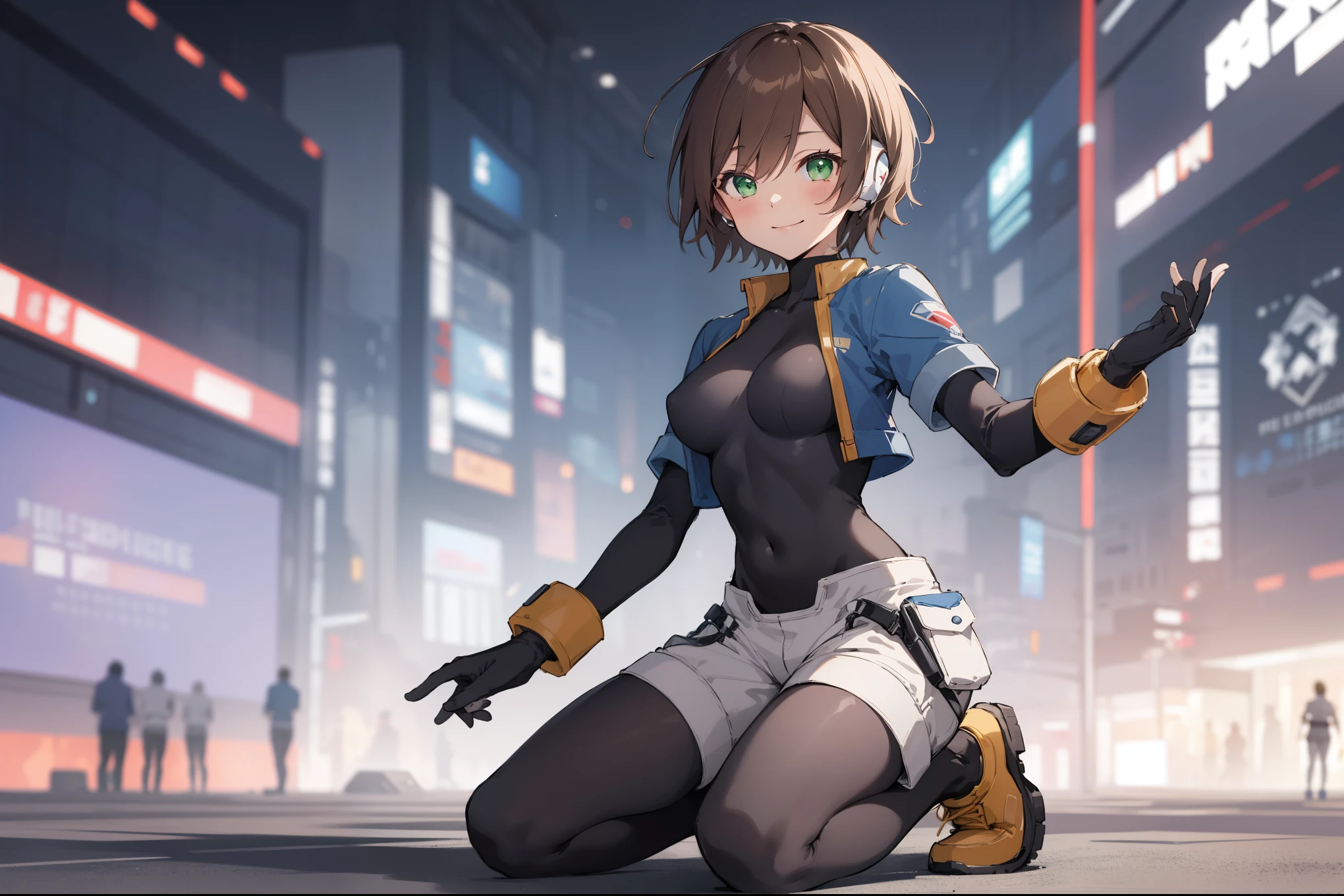 aile_megamanzx, kneeling with one hand on the ground and the other arm raised, 1girl, solo, short hair, brown hair, short sleeves, (bodysuit), robot ears, green eyes, very_short_shorts, short sleeves, short over long sleeves, smile, in futuristic city, , high quality, medium_breasts,crotch, slouch,groin