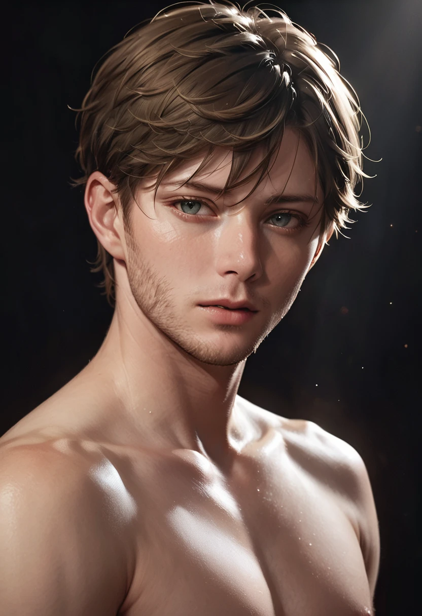 Beautiful detailed photo of a guy, Jensen Ackles,unfolded shoulders,topless,looking at the camera,head in frame,with dramatic lighting,black background,extremely detailed,cinematic composition,masterpiece,high quality,photorealistic,4k