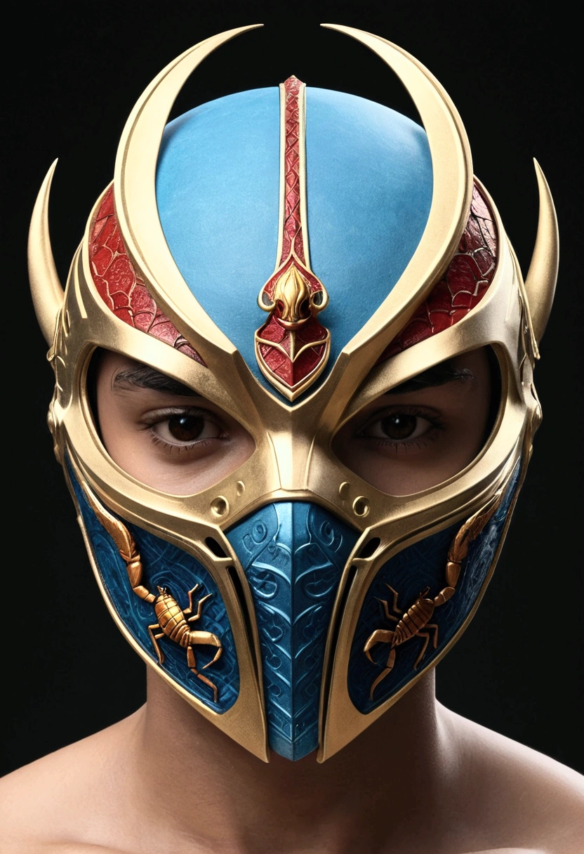 concept: A mask divided into two halves, a dark and angular half (Libra) and the other half clear and soft (Scorpion).
Visual Description: Half of Libra&#39;s mask would have a more aggressive design, with straight lines and sharp angles, mientras que la mitad de Scorpion sería más serena, with soft curves and delicate details.
colors: Black and dark red for half Libra, y blanco y azul claro para la mitad de Scorpion.