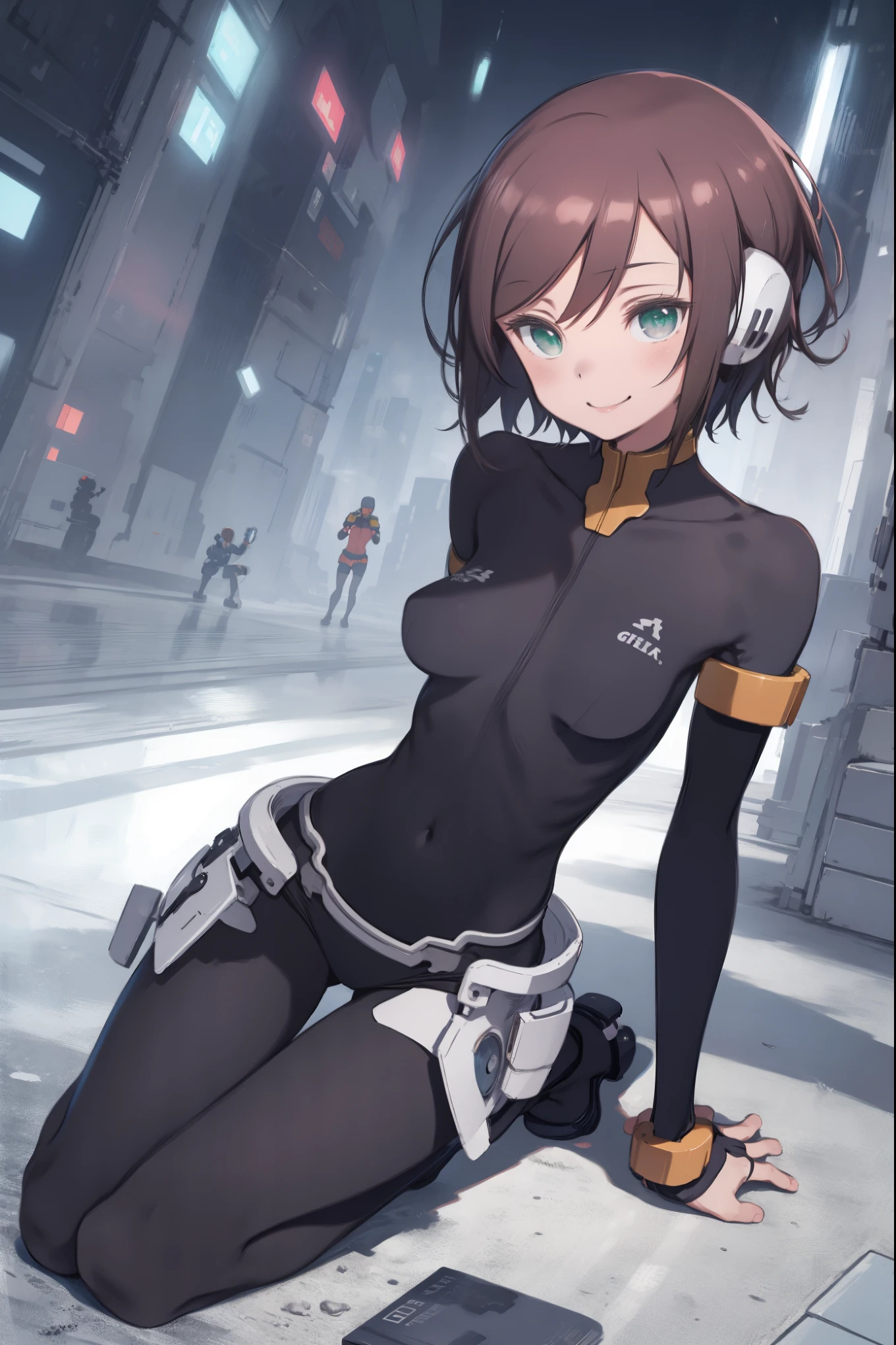 aile_megamanzx, kneeling with one hand on the ground and the other arm raised, 1girl, solo, short hair, brown hair, short sleeves, (bodysuit), robot ears, green eyes, very_short_shorts, short sleeves, short over long sleeves, smile, in futuristic city, , high quality, medium_breasts,crotch, slouch,groin,solo