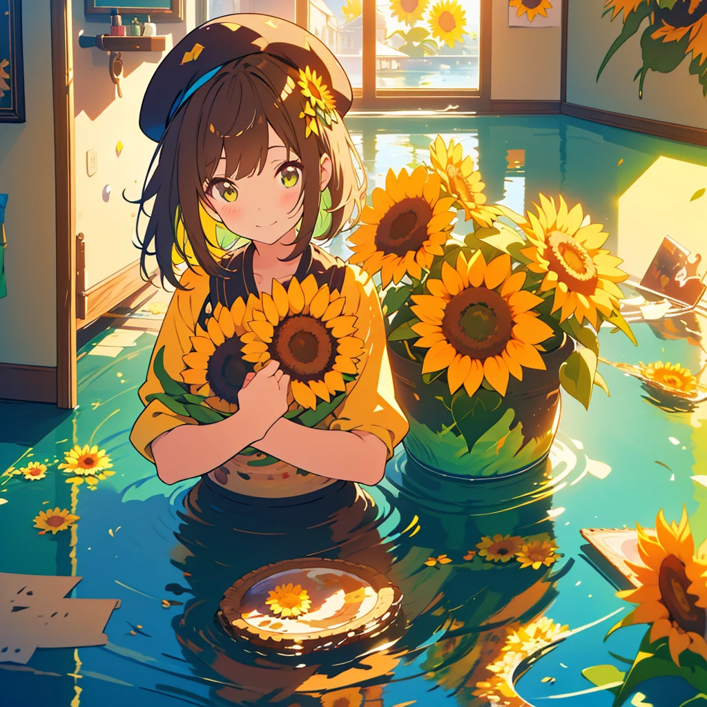 kawaii, anime, Cute, hyper quality, highly detailed, 8k, Clarity, Draw facial expressions in detail, Paint a sunflower on a canvas on the wall, Girl with long dark brown hair and green eyes, highlight on eyes, artistic, art, painting, paint splatters, brushes are scattered on the floor, scribble, world of paintings, Unconventional idea, Artistry, Imagination, smile, 999 small sunflowers, painter, beret, hold a brush, colorful ink, 999 sunflowers cover the screen, sun reflected on the water surface, rainbow ink splash, ink splash, sunlight shines in, Richly colored, close up of facial expression, 3D composition,