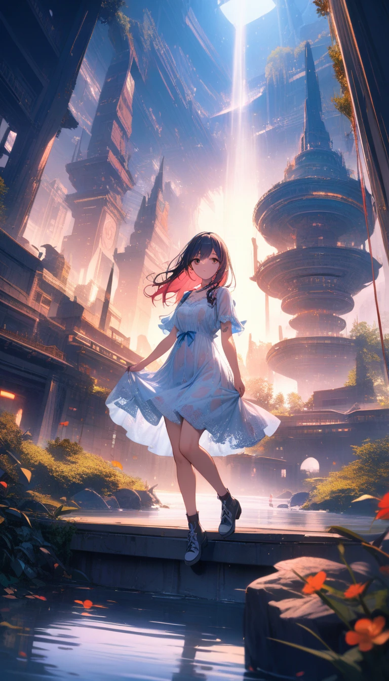 ((best quality)) , ((masterpiece)) , (detailed),Color splash, (((1girl))) , wearing Shabby Chic Wrap dress, has metallic plating, Colored hair, Fossil fuel power station in background,((an extremely delicate and beautiful)),floating, (detailed wet clothes), (detailed light),feather, nature, (sunlight), river, floating palace, beautiful and delicate water,(bloom),(shine)
