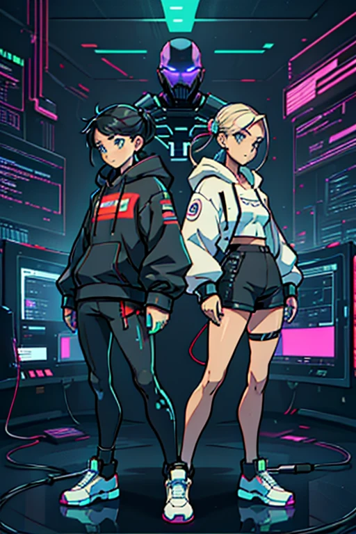 image and full body twin brothers or sisters, hacker technology, powers of genetic clones glitch techno wizard, like a reality only with a square lens, clothes with rgb led with wires and cables, control screens on clothes and on the face and code lines programming symbols , manipulates technology