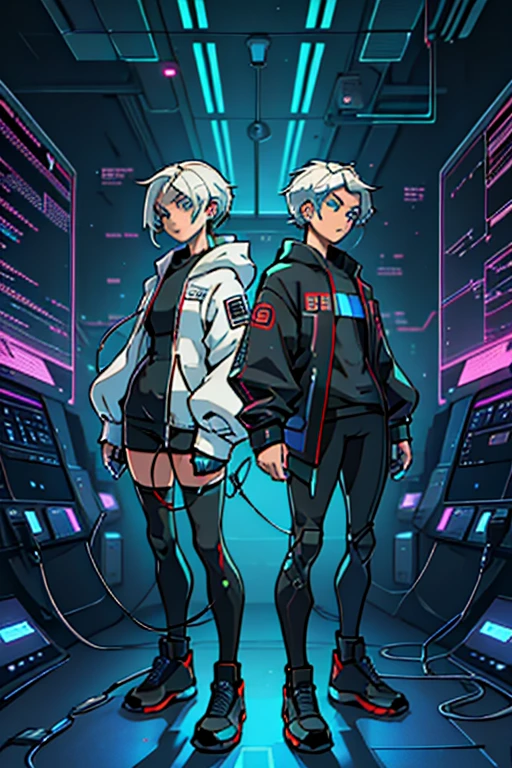 image and full body twin brothers or sisters, hacker technology, powers of genetic clones glitch techno wizard, like a reality only with a square lens, clothes with rgb led with wires and cables, control screens on clothes and on the face and code lines programming symbols , manipulates technology