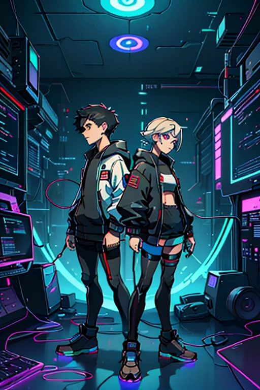 image and full body twin brothers or sisters, hacker technology, powers of genetic clones glitch techno wizard, like a reality only with a square lens, clothes with rgb led with wires and cables, control screens on clothes and on the face and code lines programming symbols , manipulates technology