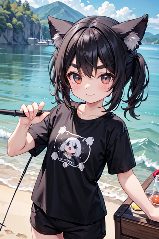 fishing rod,Dog ears,1girl,Black Hair,Thick eyebrows,Fishing port,Fishing,smile,perfect hands,perfect face,Black T-shirt,Brown shorts,,8yo,