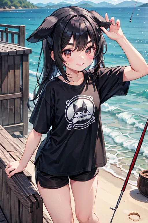 fishing rod,Dog ears,1girl,Black Hair,Thick eyebrows,Fishing port,Fishing,smile,perfect hands,perfect face,Black T-shirt,Brown shorts,,8yo,