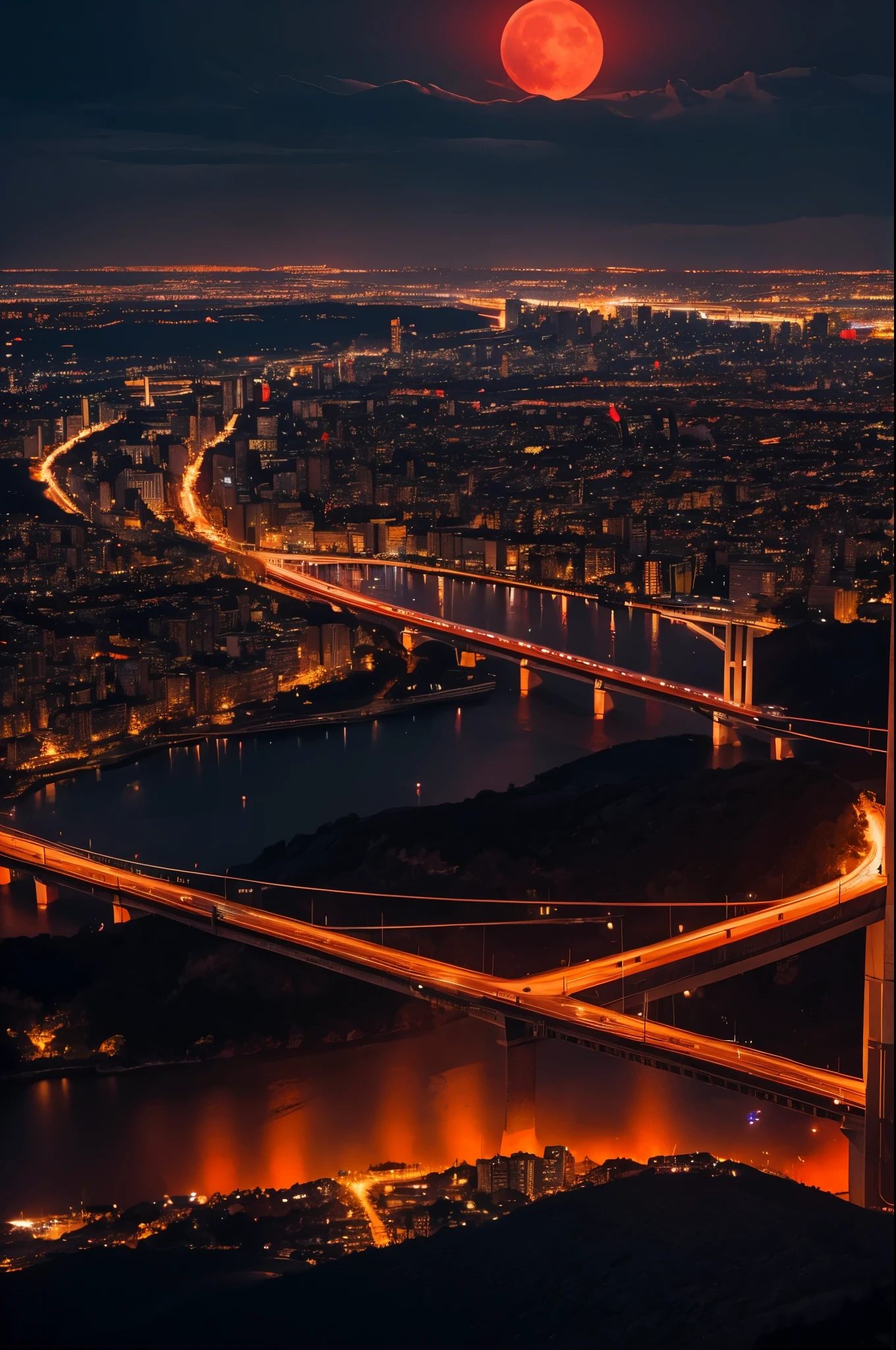 Dark night above the city, Red Moon, Red Moon with energy flow, Energy Trends, A Bad Premonition, scenery, I don't want humans, There is a flow of energy, Very realistic, 4K, Chiaroscuro, Ultra HD waiting to start
