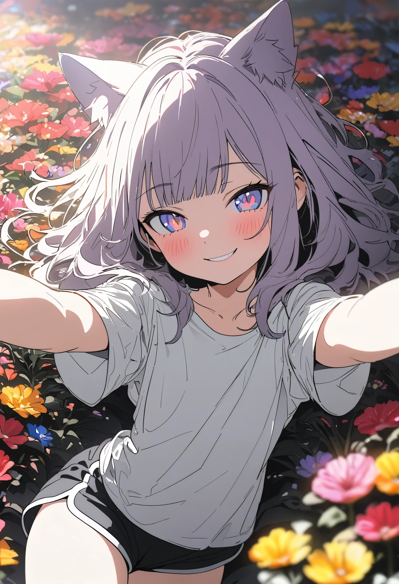 ((Masterpiece)), ((best quality)), (flat color), (flat shading), (super detail:1.2), (High Definition:1.3), ((extremely detailed)), (8K), (Professional Photography:1.2), (very aesthetic:1.2), (absurdres:1.2), (sharp focus), (perfect light), from above, ((12 years old)), (1girl), cute young girl, Textured skin, loose blunt bangs, (messy medium hair), (naughty smile and blush), glitter eyes, cute makeup, Beautiful photo, (Healthy body), (Slender body), open arms wide, (small chest), cat ears, pale purple hair, ((Very loose chested T-shirt)), thin T-shirt, wearing dolphin shorts, ((lie down on the Beautiful colorful flower fields)), petals,