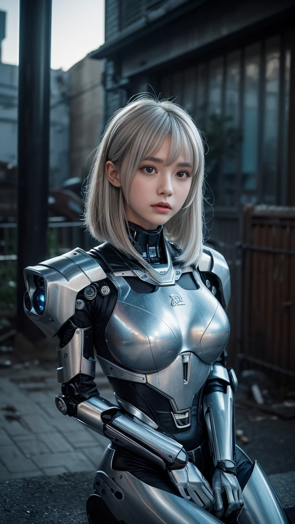 1girl,silver_medium_hair,asymmetrical_bangs,large breasts,cute_face,girl sitting on a chair in the park,perfect eyes,perfect face,skinny,close-up face,night,dim light,cyberpunk,background sci-fi style architecture,mechanical structure,mecha,girl standing in a run-down alley,the ground is full of rubbish,abandoned vehicles,abandoned mecha,damaged mecha,damaged car,mechanical arm,cool transparent sci-fi gel coat,, cinematic film still,score_9,score_8_up,score_7_up,dramatic lighting,(realistic:1.3),highly detailed,high budget,bokeh,cinemascope,moody,epic,gorgeous,film grain,grainy,masterpiece,best quality,perfect anatomy,very aesthetic,official art,8k,