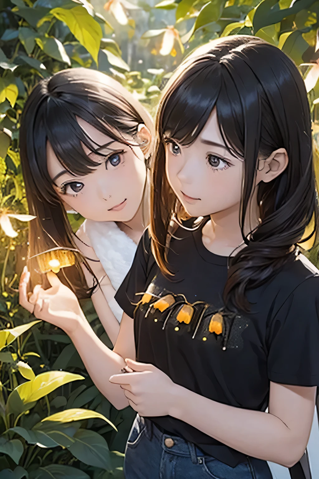 Highest quality、High resolution、Detailed Background、(Beautiful face in every detail:1.4)、Anatomically correct、(Normal number of fingers:1.2)、Detailed eyes、Teenage beauty、Highly detailed face、Perfect body line、Light color hair、Bobcut、Braided Ponytail、Braided twin tails、well-groomed eyebrows、Natural beauty、Excited、(Under the night sky:1.2)、A fun atmosphere、Cowboy Shot、(Two girls searching for and observing fireflies:1.5)、
The girl's eyes sparkle、The small hand points to the surface of the river、My friend and I are following the glow of fireflies through the bushes.、
While calling out to each other, they searched carefully through the grass.、The light of fireflies appearing one by one from among the bushes、
Using the light of a flashlight, I approached quietly and observed、The girls are fascinated by the fireflies that shine so hard with their small bodies.、
Friends watching fireflies through a magnifying glass and drawing pictures in a sketchbook、Open the illustrated book and discuss the types of fireflies and their ecology.、
Incorporate bright colored tops and reflective materials instead of just black or navy blue、T-shirts, shorts, etc.、Black leggings、sandals、Insect repellent spray、flashlight、drink、towel、Insect netting、Keep the flashlight light low、magnifying glass、Illustrated Book、Wonderful summer memories、cute