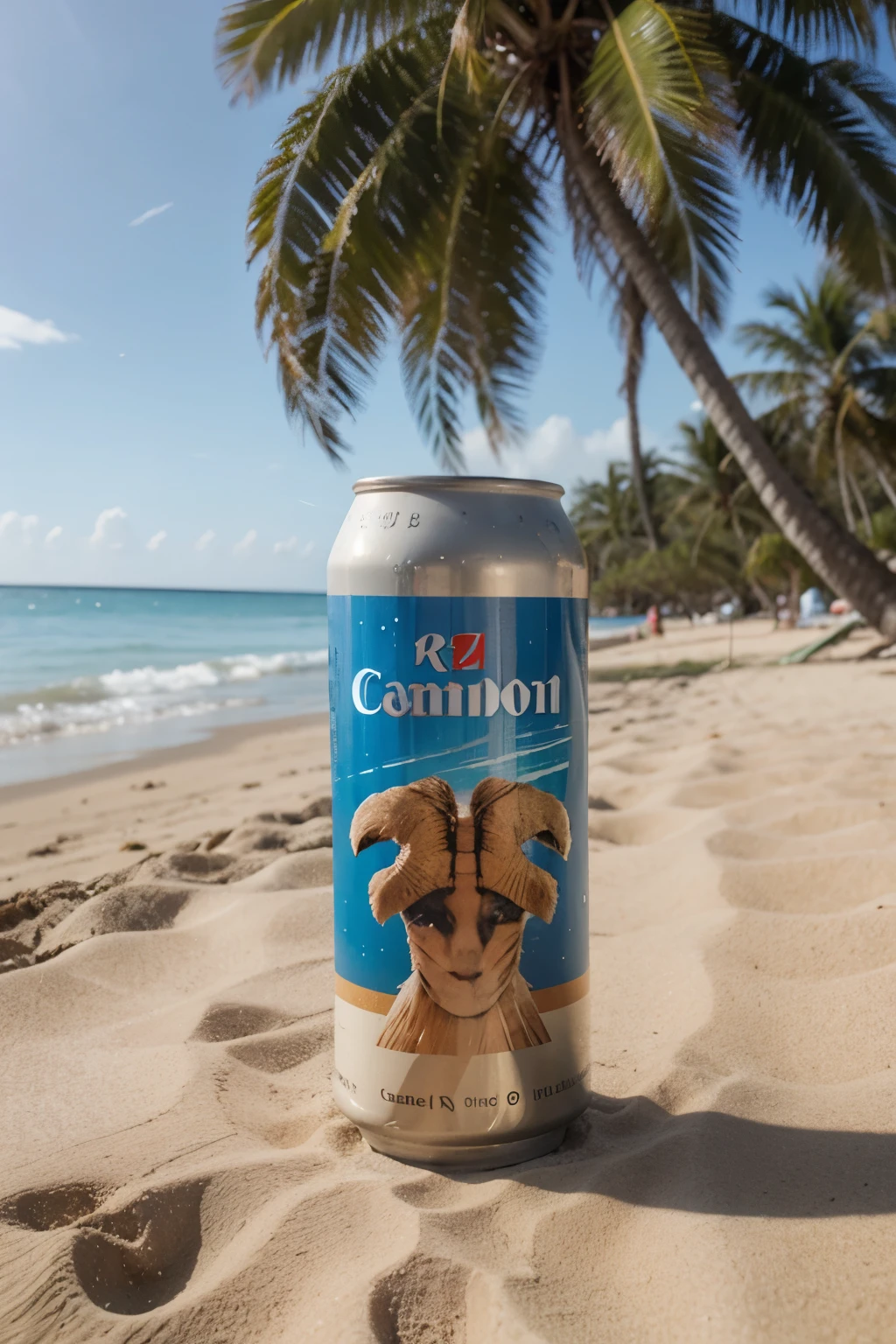 A close-up shot of a can of beer, on a beach sand, with wonderful Palm Trees around it, Blue Sky and wonderful sea, photographed with a Canon R5, with a 24mm wide-angle lens, realistic photo, super detailed, dynamic pose, some beach umbrellas , make the color more vibrant, realistic light, HyperRealism