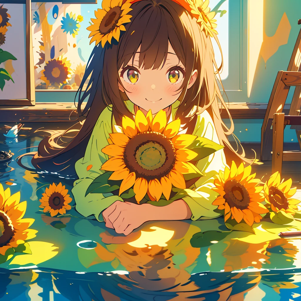 kawaii, anime, Cute, hyper quality, highly detailed, 8k, Clarity, Draw facial expressions in detail, Paint a sunflower on a canvas on the wall, Girl with long dark brown hair and green eyes, highlight on eyes, artistic, art, painting, paint splatters, brushes are scattered on the floor, scribble, world of paintings, Unconventional idea, Artistry, Imagination, smile, 999 small sunflowers, painter, beret, hold a brush, colorful ink, 999 sunflowers cover the screen, sun reflected on the water surface, rainbow paint, paint splash, sunlight shines in, Richly colored, close up of facial expression, 3D composition,