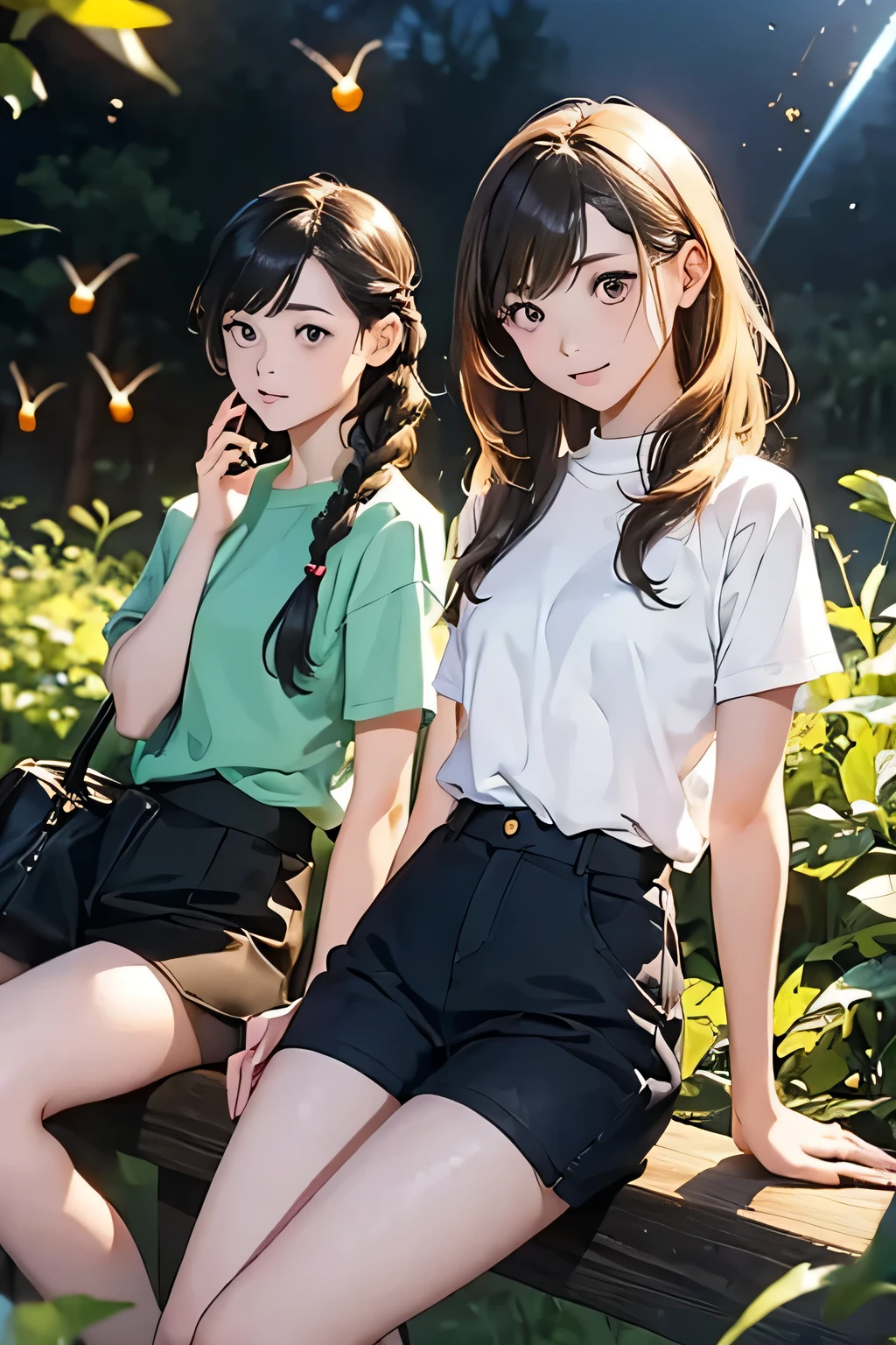 Highest quality、High resolution、Detailed Background、(Beautiful face in every detail:1.4)、Anatomically correct、(Normal number of fingers:1.2)、Detailed eyes、Teenage beauty、Highly detailed face、Perfect body line、Light color hair、Bobcut、Braided Ponytail、Braided twin tails、well-groomed eyebrows、Natural beauty、Excited、(Under the night sky:1.2)、A fun atmosphere、Cowboy Shot、(Two girls searching for and observing fireflies:1.5)、
The girl's eyes sparkle、The small hand points to the surface of the river、My friend and I are following the glow of fireflies through the bushes.、
While calling out to each other, they searched carefully through the grass.、The light of fireflies appearing one by one from among the bushes、
Using the light of a flashlight, I approached quietly and observed、The girls are fascinated by the fireflies that shine so hard with their small bodies.、
Friends watching fireflies through a magnifying glass and drawing pictures in a sketchbook、Open the illustrated book and discuss the types of fireflies and their ecology.、
Incorporate bright colored tops and reflective materials instead of just black or navy blue、T-shirts, shorts, etc.、Black leggings、sandals、Insect repellent spray、flashlight、drink、towel、Insect netting、Keep the flashlight light low、magnifying glass、Illustrated Book、Wonderful summer memories、cute