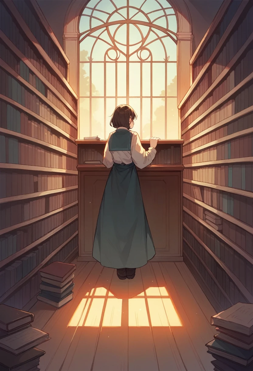 ### Scene 4
**bottom: Library with Dark Windows**
The library with a darker atmosphere, windows let in less light. That image you gave me is fine but take away from the person who is at the sale