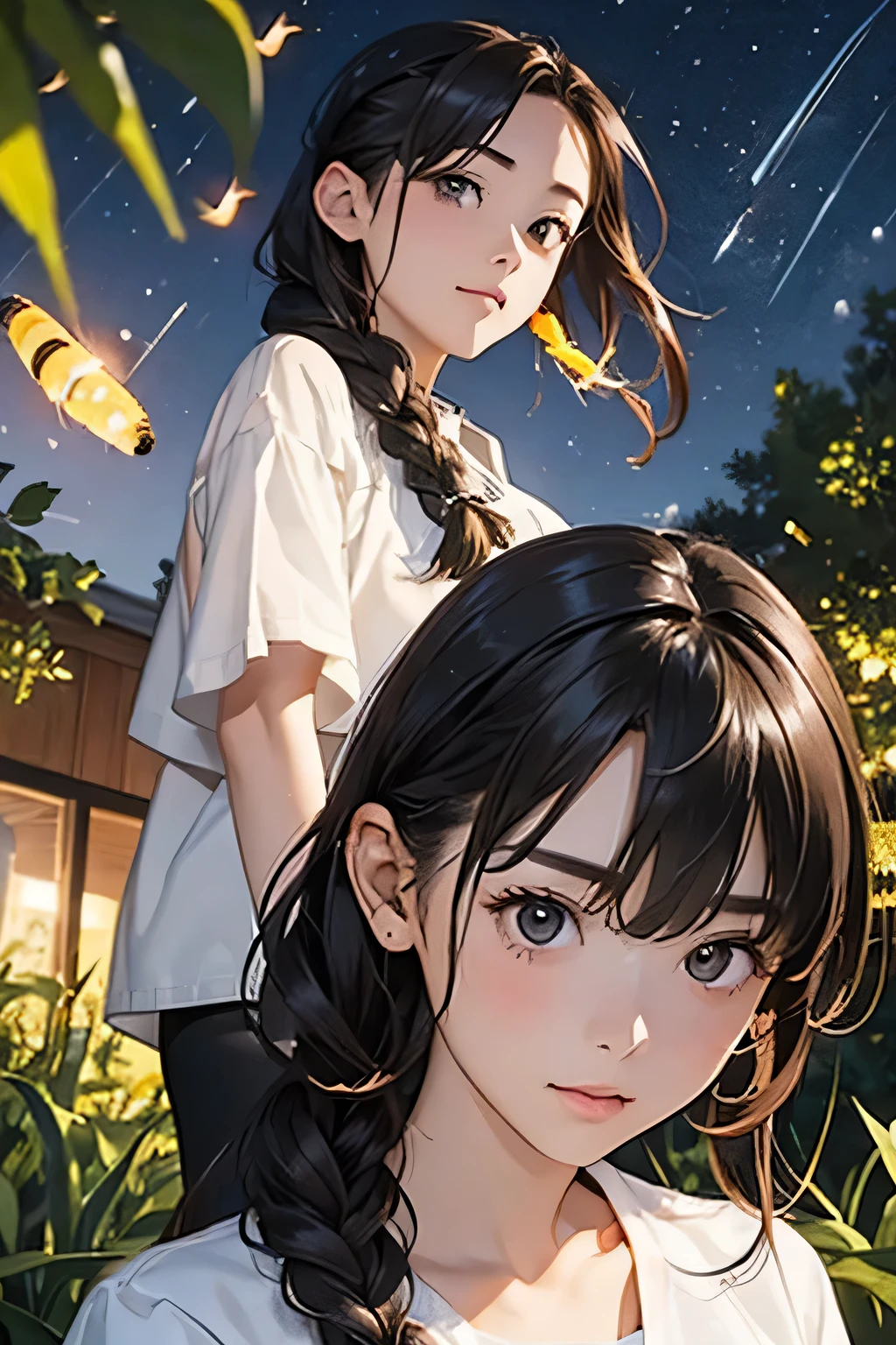 Highest quality、High resolution、Detailed Background、(Beautiful face in every detail:1.4)、Anatomically correct、(Normal number of fingers:1.2)、Detailed eyes、age beauty、Highly detailed face、Perfect body line、Light color hair、Bobcut、Braided Ponytail、Braided twin tails、well-groomed eyebrows、Natural beauty、Excited、(Under the night sky:1.2)、A fun atmosphere、Cowboy Shot、(Two girls searching for and observing fireflies:1.5)、
The girl's eyes sparkle、The small hand points to the surface of the river、My friend and I are following the glow of fireflies through the bushes.、
While calling out to each other, they searched carefully through the grass.、The light of fireflies appearing one by one from among the bushes、
Using the light of a flashlight, I approached quietly and observed、The girls are fascinated by the fireflies that shine so hard with their small bodies.、
Friends watching fireflies through a magnifying glass and drawing pictures in a sketchbook、Open the illustrated book and discuss the types of fireflies and their ecology.、
Incorporate bright colored tops and reflective materials instead of just black or navy blue、T-shirts, shorts, etc.、Black leggings、sandals、Insect repellent spray、flashlight、drink、towel、Insect netting、Keep the flashlight light low、magnifying glass、Illustrated Book、Wonderful summer memories、cute
