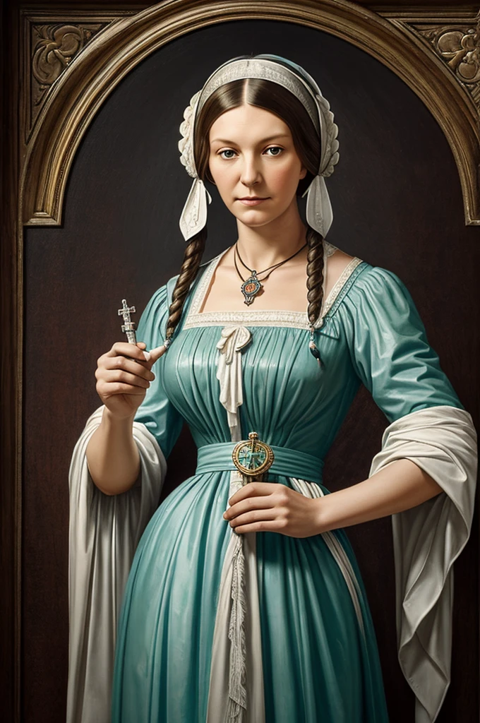 make me a portrait of mother florence nightingale holding a caduceus then the backhround is epic have floating injections and other medical materials floating