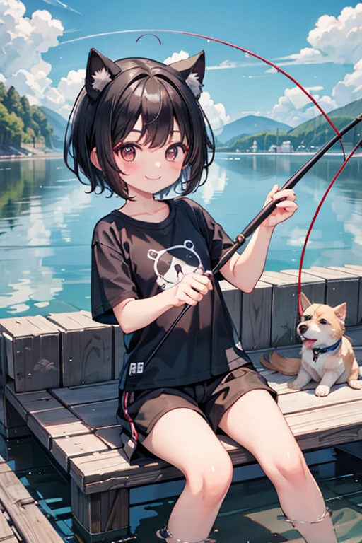 fishing rod,Dog ears,1girl,Black Hair,Short Hair,Thick eyebrows,Fishing port,Fishing,smile,perfect hands,perfect face,Black T-shirt,Brown shorts,,8yo,