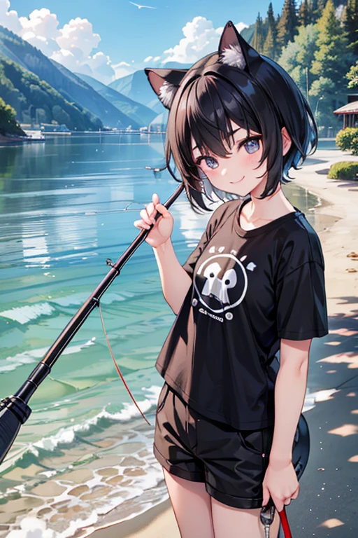 fishing rod,Dog ears,1girl,Black Hair,Short Hair,Thick eyebrows,Fishing port,Fishing,smile,perfect hands,perfect face,Black T-shirt,Brown shorts,,8yo,