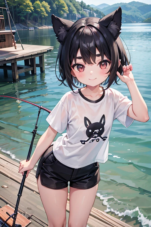 fishing rod,Dog ears,1girl,Black Hair,Short Hair,Thick eyebrows,Fishing port,Fishing,smile,perfect hands,perfect face,Black T-shirt,Brown shorts,,8yo,