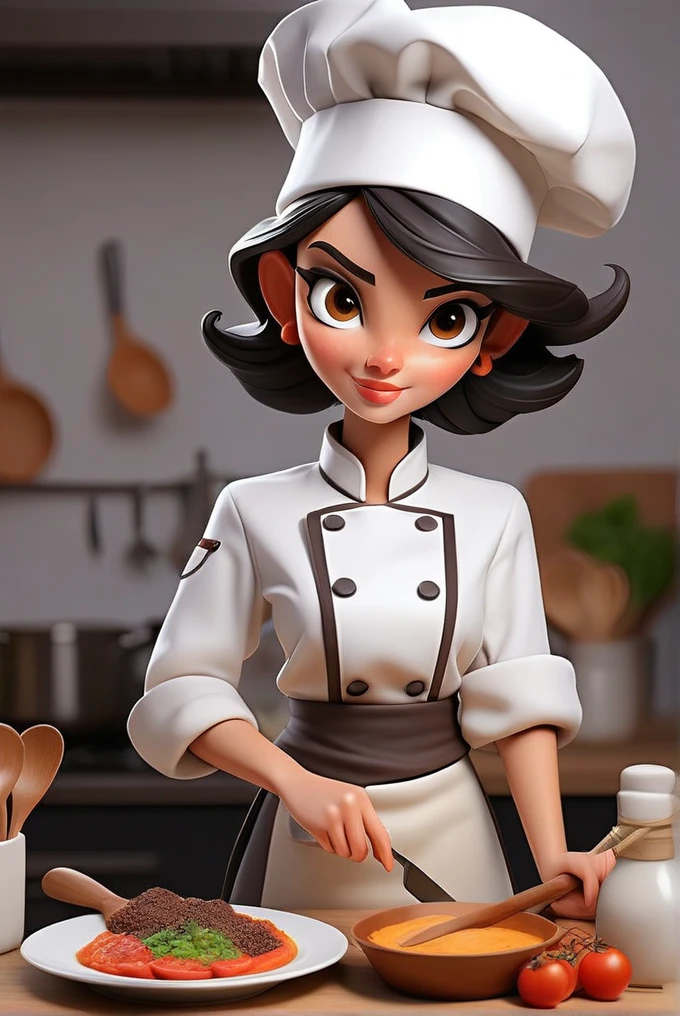 gorgeous eyes , (A female chef), best qualityer, work of art, ultra-high resolution, extremely detailed eye and face, beautiful and delicate eyes,,(White background:1.2), ((work of art, best qualityer)),Short and medium black hair,Waist slender,Photos from the waist up,ssmile,(brown apron,Brown chef hat,brown chef costume),holding kitchen utensils