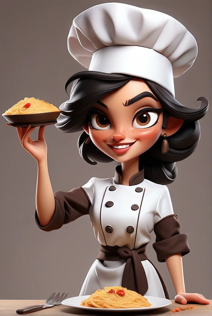 gorgeous eyes , (A female chef), best qualityer, work of art, ultra-high resolution, extremely detailed eye and face, beautiful and delicate eyes,,(White background:1.2), ((work of art, best qualityer)),Short and medium black hair,Waist slender,Photos from the waist up,ssmile,(brown apron,Brown chef hat,brown chef costume),holding kitchen utensils