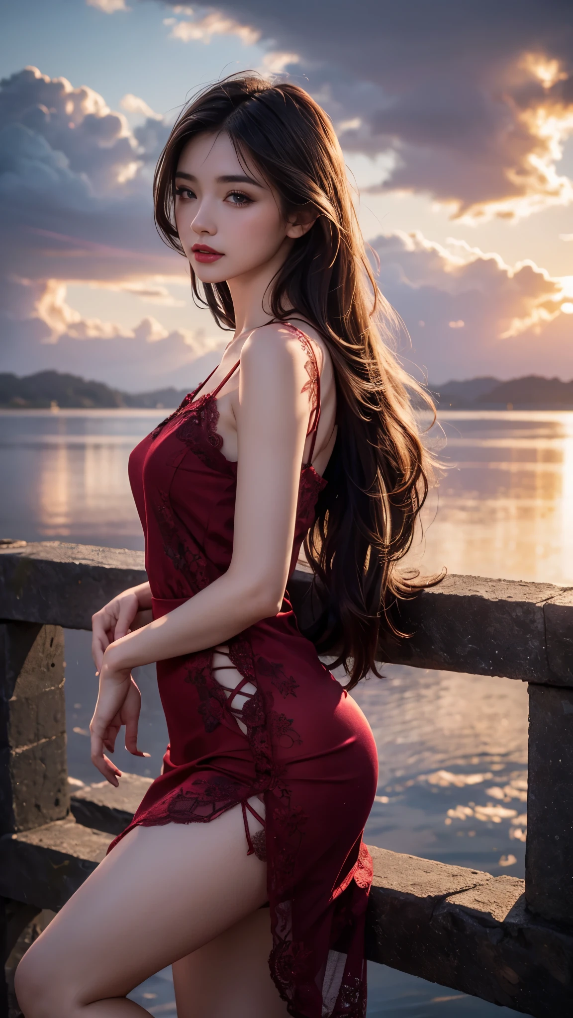 8K, UHD, masterpiece, 1 girl, good face, very long hair, detailed eyes, detailed lips, light makeup, small breasts, ((ornament dress)), maroon dress, ((strap lace)), stocking, in the cloud, cloudy sky, flowers, water, heaven, flying birds, dim lighting, realistic shadow, bloom, ray tracing,