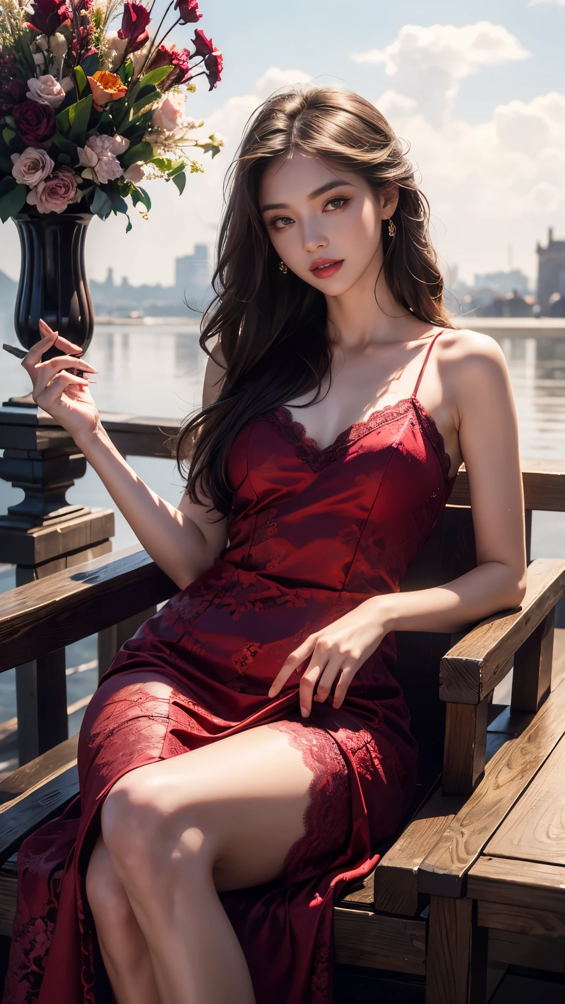 8K, UHD, masterpiece, 1 girl, good face, very long hair, detailed eyes, detailed lips, light makeup, small breasts, ((ornament dress)), maroon dress, ((strap lace)), stocking, in the cloud, cloudy sky, flowers, water, heaven, flying birds, dim lighting, realistic shadow, bloom, ray tracing,