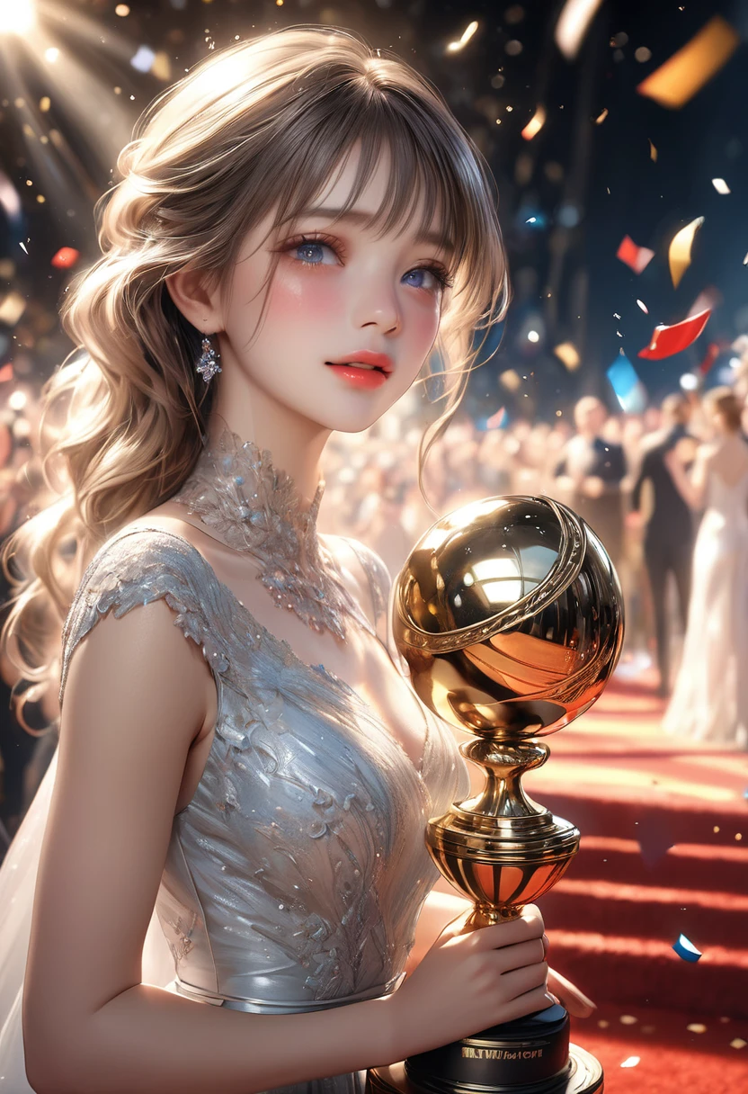 a girl in a elegant dress celebrating a prestigious award, tears of emotion:1.2, extremely detailed eyes and face, long eyelashes, beautiful detailed lips, head tilt, (best quality,4k,8k,highres,masterpiece:1.2),ultra-detailed,(realistic,photorealistic,photo-realistic:1.37),HDR,UHD,studio lighting,ultra-fine painting,sharp focus,physically-based rendering,extreme detail description,professional,vivid colors,bokeh,cinematic lighting,dramatic composition,award ceremony,confetti,cheering crowd,red carpet,trophy,joy,celebration