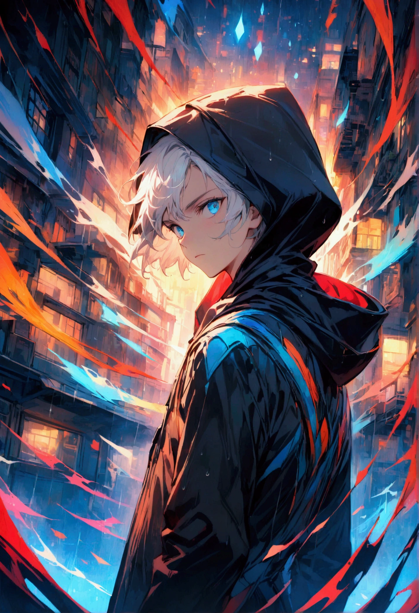A young man with 
white hair and blue eyes in a black Hood stood alone with his back turned halfway in the middle of a rainy city during the day.