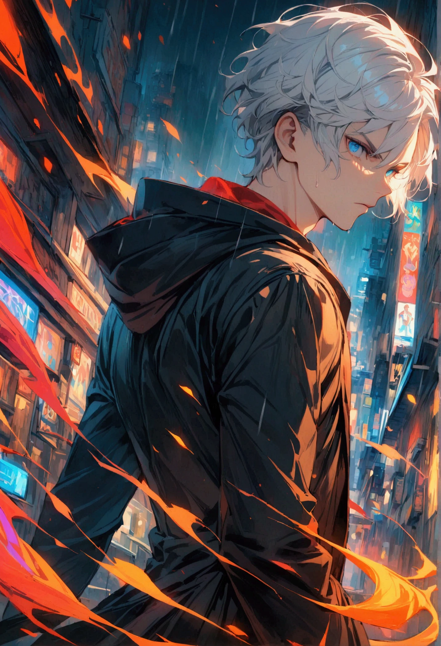 A young man with
white hair and blue eyes in a black Hood stood alone with his back turned halfway in the middle of a rainy city during the day.