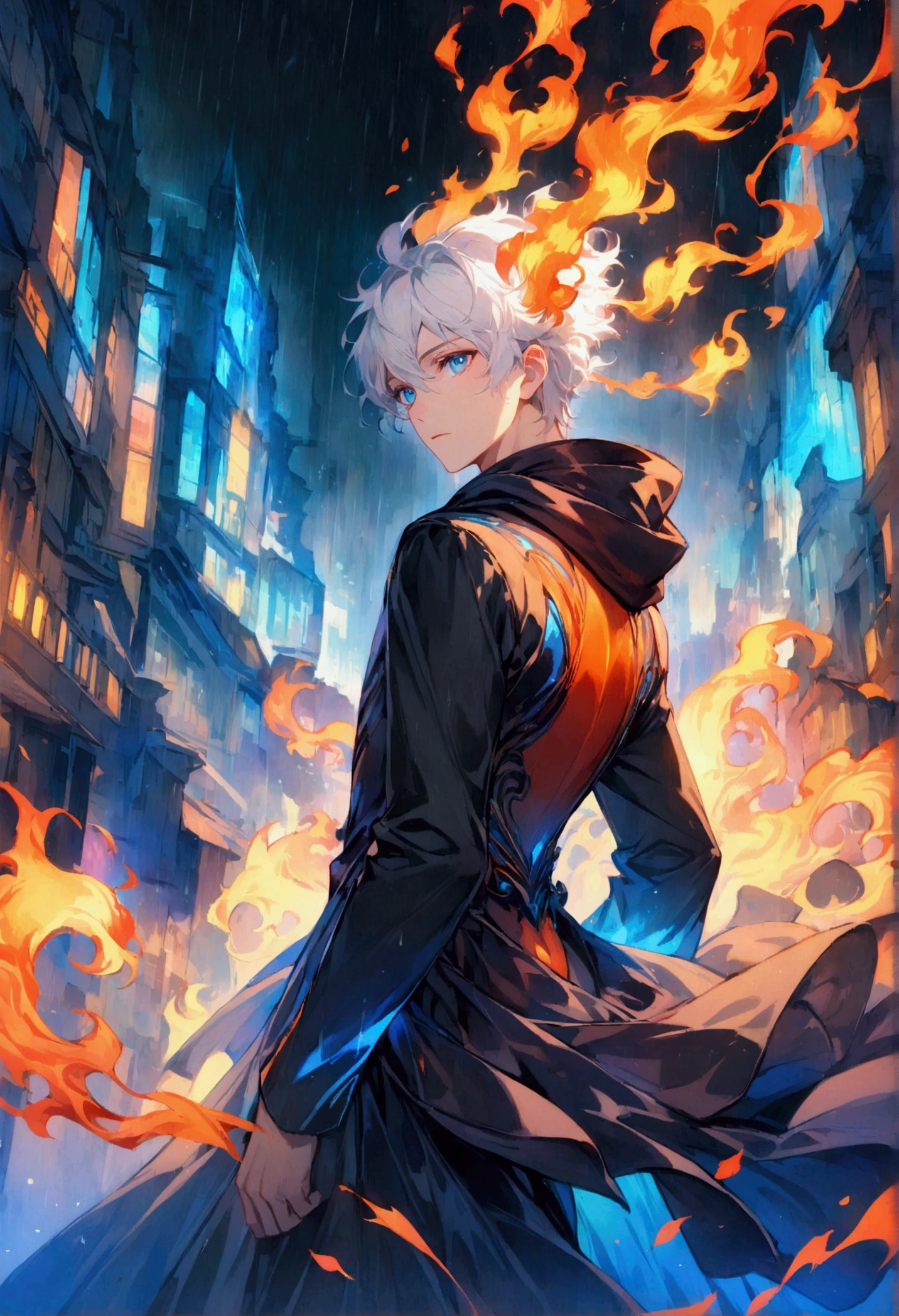 A young man with
white hair and blue eyes in a black Hood stood alone with his back turned halfway in the middle of a rainy city during the day.