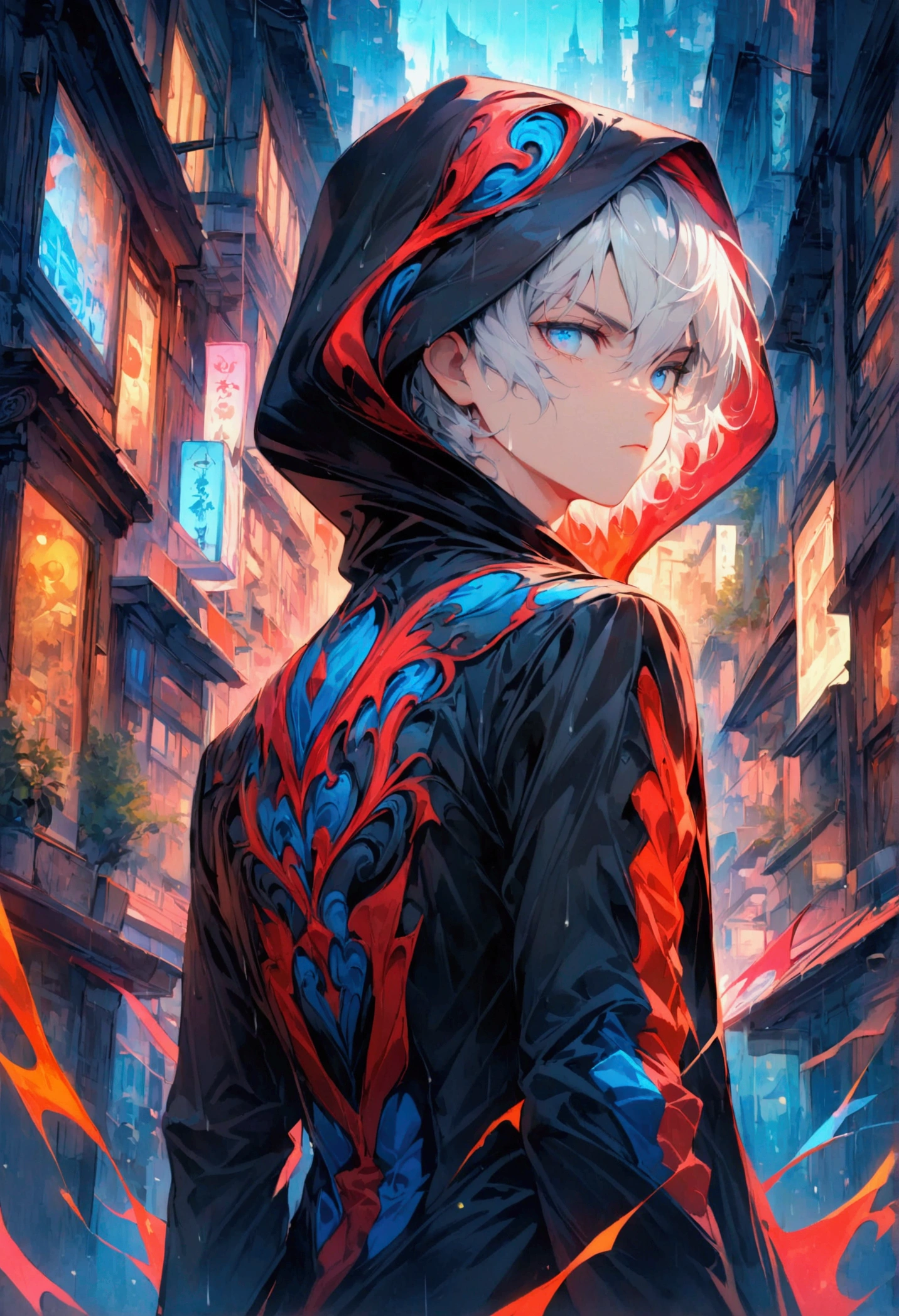 A young man with 
white hair and blue eyes in a black Hood stood alone with his back turned halfway in the middle of a rainy city during the day.