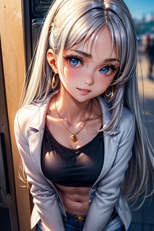 #基本
A girl is posing for a photo, ((One Girl)), (((:1.2)) + ((cute:1.3))),
#A girl is posing for a photo, ((One Girl)), (((Baby Facete)) + 16 years old),
bring Accessories
((Black tank top shirt:1.2), (Layering a white tailored jacket:1.4), (Blue denim skinny pants), (Black High Heels)),
(Gold hoop earrings), (Silver Necklace),
break
#Features
((Silver Hair)), (Chest-length sideburns:1.4), (Straight Hair : Long Hair + Thin Hair),
((Droopy eyes), (Kind eyes), (blue eyes), (Big eyes:1.4)), (Small breasts),
break
#background environment
(noon, (sunlight shines, Station platform, In front of the vending machine)),
#Facial Expression Pose
((smile)), ((Confident and powerful), (Walking)),
#composition
(Face the camera, (Focus from the front), (Cowboy Shot)),
break
#Body parts elements
(Slim figure),
(Detailed Hair, Beautiful Hair, Shiny Hair),
((Thin eyebrows), double eyelid, Long eyelashes),
((Expression of fine eyes), (Beautiful and delicate eyes), (Sparkling eyes), Eye Reflexes, Glitter Eyeliner),
(Human Ear),
(Beautiful Nose, Thin Nose),
(Glossy Lips, Beautiful Lips, Thick lips, Glossy Lips, Natural Cheeks),
((Detailed face), Symmetrical facial features),
((Detailed skin), Textured skin, Beautiful Skin, Glowing Skin, (Oily skin)),
break
#Quality Image Quality Common
(((Highest quality)), ((masterpiece)), ((Very detailed))), ((Ultra-high resolution)), ((16K, 1080P)), ((FHD)),
(Anatomically correct), (Realistic), (3DCG), (oil),
#Quality image illustration
((comics, anime)), (CG illustration),
#Quality Image Quality Other
(Line art), (Oil pastel),