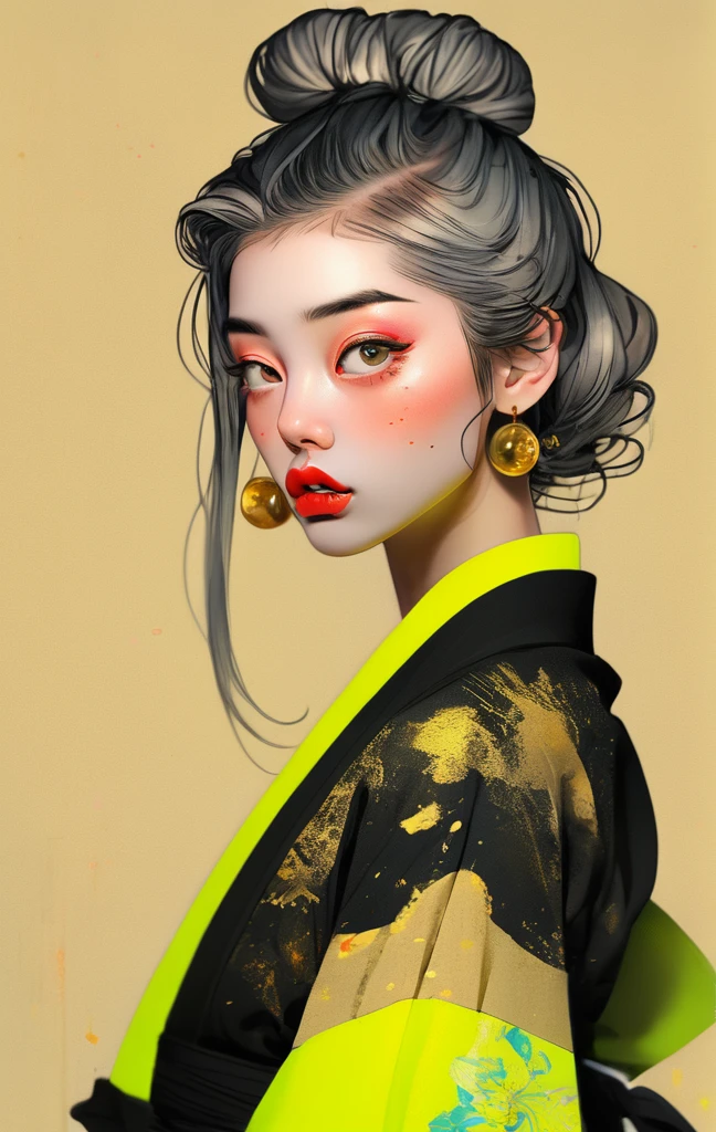 (best quality, sketch:1.2),realistic,illustrator,anime,1 girl, detailed lips, kimono,custom, black and gold gradient background,neon hair,textured cropping, masterpiece, style retro classic, noir style