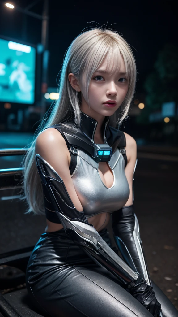 1girl,silver_medium_hair,asymmetrical_bangs,large breasts,cute_face,girl sitting on a chair in the park,perfect eyes,perfect face,skinny,close-up face,night,dim light,cyberpunk,background sci-fi style architecture,mechanical structure,mecha,girl standing in a run-down alley,the ground is full of rubbish,abandoned vehicles,abandoned mecha,damaged mecha,damaged car,mechanical arm,cool transparent sci-fi gel coat,, cinematic film still,score_9,score_8_up,score_7_up,dramatic lighting,(realistic:1.3),highly detailed,high budget,bokeh,cinemascope,moody,epic,gorgeous,film grain,grainy,masterpiece,best quality,perfect anatomy,very aesthetic,official art,8k,