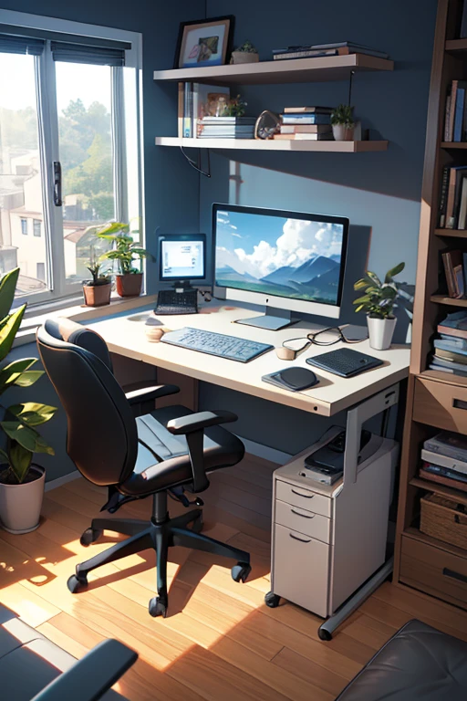 Main Elements:

office desk:

Location: central, against a wall or under a large window.
styled: Modern, com linhas limpas. Preferably in light wood or a combination of metal and glass.
Accessories: Organized with pen holders, notebooks, laptop, and a stylish table lamp.
ergonomic chair:

styled: Contemporary and comfortable, with height adjustment and lumbar support.
Farbe: Neutral, como negro, gray or white.
mike:

role model: mike de estúdio de alta qualidade, com suporte shock mount e pop filter.
Location: On the table, on a swing arm or tripod near your computer monitor.
Computer and Monitor:

chap: Desktop or laptop with large monitor.
Position: In the center of the table, with ergonomically positioned keyboard and mouse.
Shelves and Bookcases:

Location: On the wall behind or next to the table.
content: textbooks, organizing folders, some decorative items such as small plants and inspiring figures.
Lighting:

main: Modern ceiling lamp, preferably pending.
Secondary: LED lights built into the shelves and an adjustable desk lamp.
Decoration:

pictures: Motivational art or images that inspire productivity and creativity.
plants: small plantas de interior em vasos modernos para trazer vida ao espaço.
Mattire: A soft rug under the table and chair to add comfort and define the workspace.
Accessories de Áudio:

earbuds: Professionals, hanging or on a dedicated support.
Speakers: small, positioned on both sides of the monitor for balanced audio.