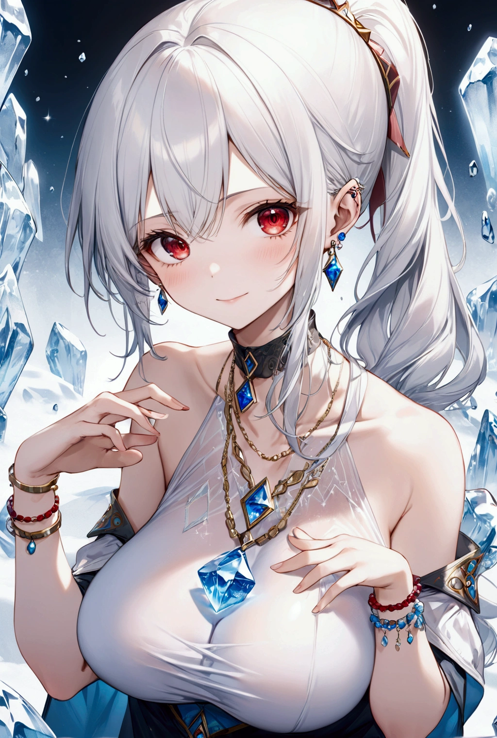 (Highest quality, 8k, 32K, masterpiece, Ultra-high resolution,:1.2),to be born, One Girl,So cute ,Ice background, A fantasy background reminiscent of an electronic world, clear, Shining Eyes, Age 25 ,Fair skin, White Haired Girl, Long Hair, An innocent smile, Red eyes, Pierced ears sparkle, An elegant necklace adorns her slender neck., Rings and bracelets decorate the fingers. expensive_Big Breasts, Big Breasts, ponytail, Wizard,, short hair, Hostile,Ice in hand, anger
