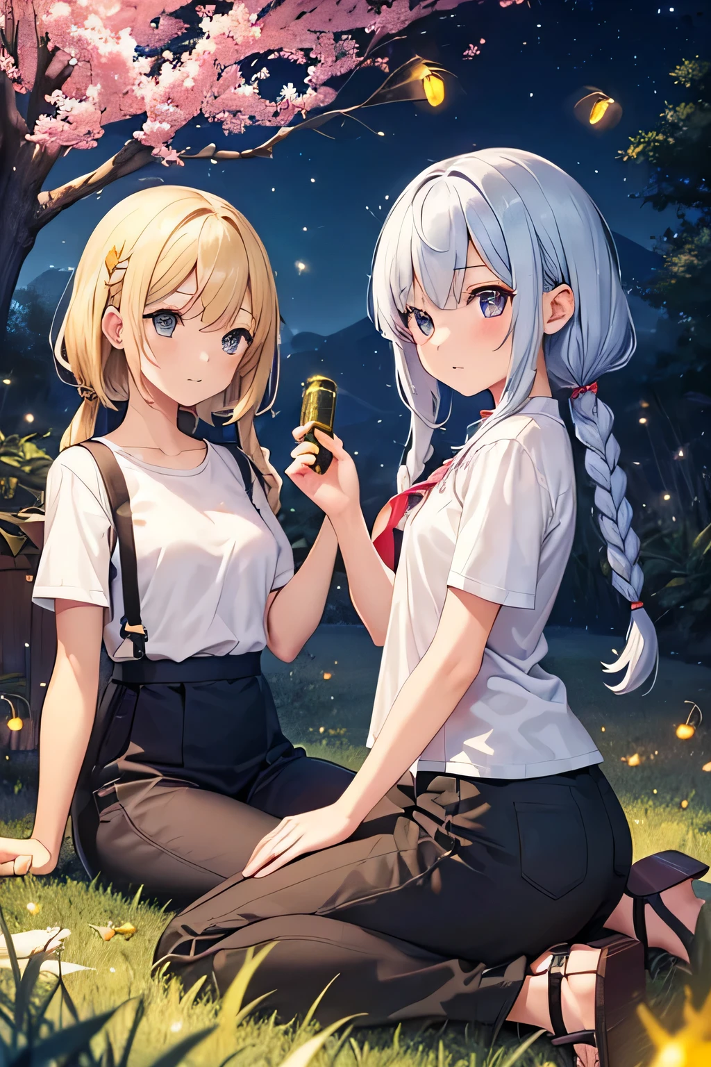 Highest quality、High resolution、Detailed Background、(Beautiful face in every detail:1.4)、Anatomically correct、(Normal number of fingers:1.2)、Detailed eyes、Teenage beauty、Highly detailed face、Perfect body line、Light color hair、Bobcut、Braided Ponytail、Braided twin tails、well-groomed eyebrows、Natural beauty、Excited、(Under the night sky:1.2)、A fun atmosphere、Cowboy Shot、(Two girls searching for and observing fireflies:1.5)、
The girl's eyes sparkle、The small hand points to the surface of the river、My friend and I are following the glow of fireflies through the bushes.、
While calling out to each other, they searched carefully through the grass.、The light of fireflies appearing one by one from among the bushes、
Using the light of a flashlight, I approached quietly and observed、The girls are fascinated by the fireflies that shine so hard with their small bodies.、
Friends watching fireflies through a magnifying glass and drawing pictures in a sketchbook、Open the illustrated book and discuss the types of fireflies and their ecology.、
Incorporate bright colored tops and reflective materials instead of just black or navy blue、T-shirts and 、Black leggings、sandals、Insect repellent spray、flashlight、drink、towel、Insect netting、Keep the flashlight light low、magnifying glass、Illustrated Book、Wonderful summer memories、cute