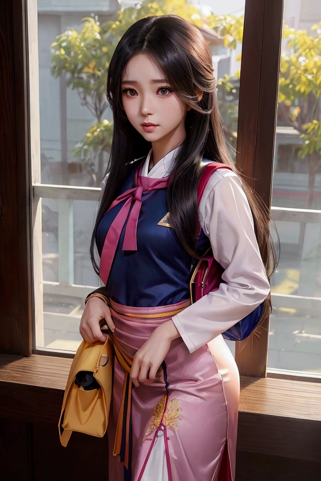 A beautiful woman wearing a sexy Thai dress, sharp eyes, long flowing hair, a expressive face, a high nose, thin lips. Thai female high school student uniform small school bag Anime style background, bright colors, warm light, 8k, high quality, very detailed, photorealistic, cinematic, dramatic lighting, volumetric lighting.