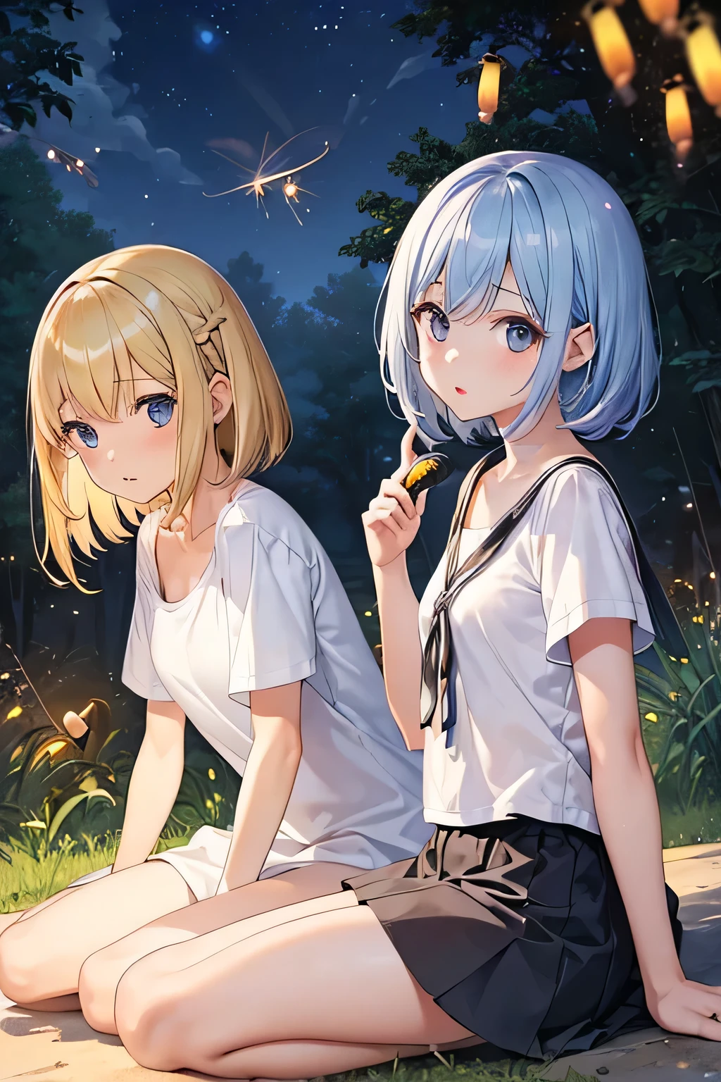 Highest quality、High resolution、Detailed Background、(Beautiful face in every detail:1.4)、Anatomically correct、(Normal number of fingers:1.2)、Detailed eyes、Teenage beauty、Highly detailed face、Perfect body line、Light color hair、Bobcut、Braided Ponytail、Braided twin tails、well-groomed eyebrows、Natural beauty、Excited、(Under the night sky:1.2)、A fun atmosphere、Cowboy Shot、(Two girls searching for and observing fireflies:1.5)、
The girl's eyes sparkle、The small hand points to the surface of the river、My friend and I are following the glow of fireflies through the bushes.、
While calling out to each other, they searched carefully through the grass.、The light of fireflies appearing one by one from among the bushes、
Using the light of a flashlight, I approached quietly and observed、The girls are fascinated by the fireflies that shine so hard with their small bodies.、
Friends watching fireflies through a magnifying glass and drawing pictures in a sketchbook、Open the illustrated book and discuss the types of fireflies and their ecology.、
Incorporate bright colored tops and reflective materials instead of just black or navy blue、T-shirts and 、Black leggings、sandals、Insect repellent spray、flashlight、drink、towel、Insect netting、Keep the flashlight light low、magnifying glass、Illustrated Book、Wonderful summer memories、cute