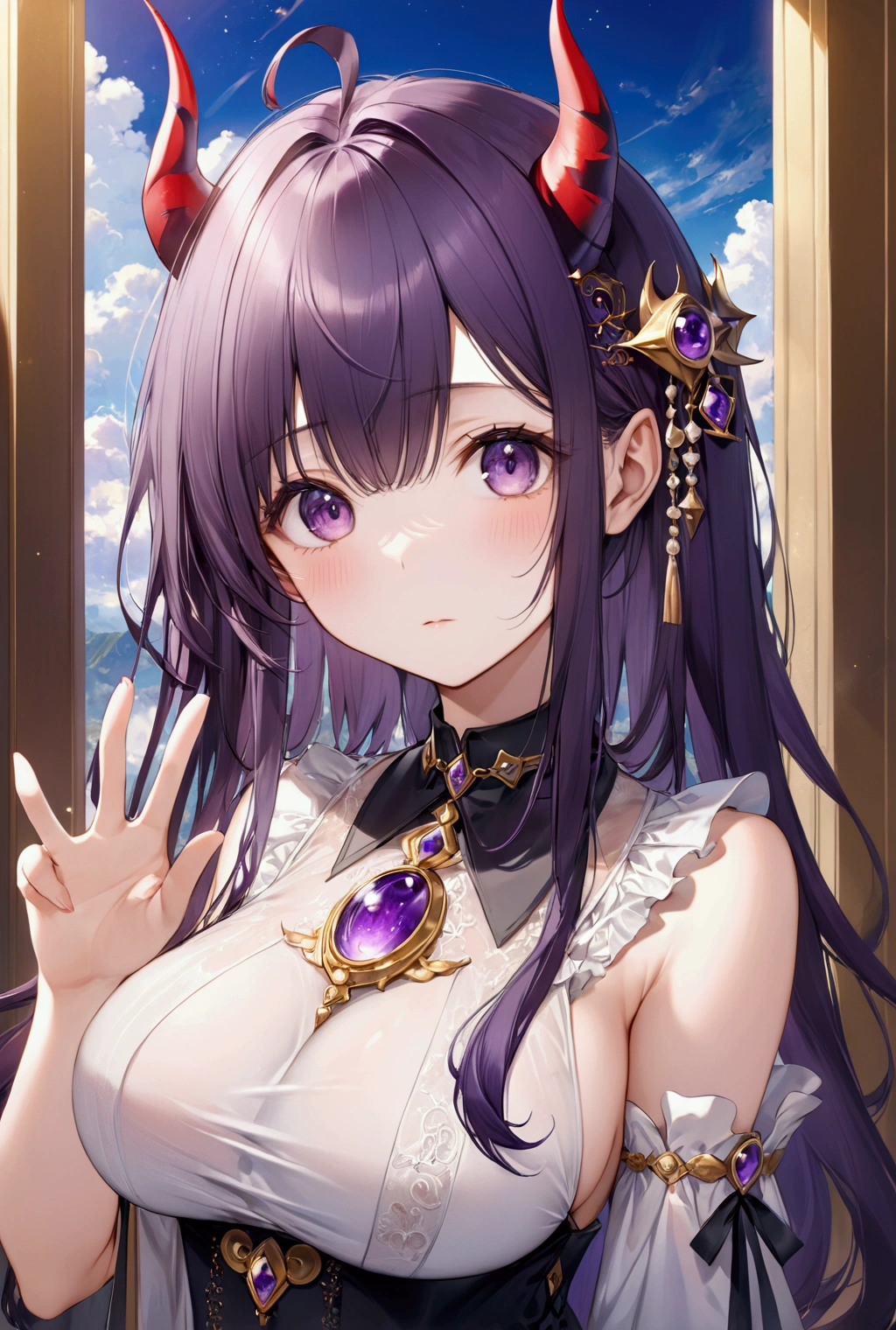 (Highest quality, 8k, 32K, masterpiece, Ultra-high resolution,:1.2),to be born, One Girl,So cute , hair ornaments, eye, Multicolored Hair,Upper Body, dark purple hair, collar, 金色のFantasy背景, clear, 輝くeye, Age 25 ,Fair skin, dark purple hairの少女, Dress with open chest, Long Hair, Innocenceな笑顔, Large Breasts, Fantasy, Devil horns, Innocence, Raising hand