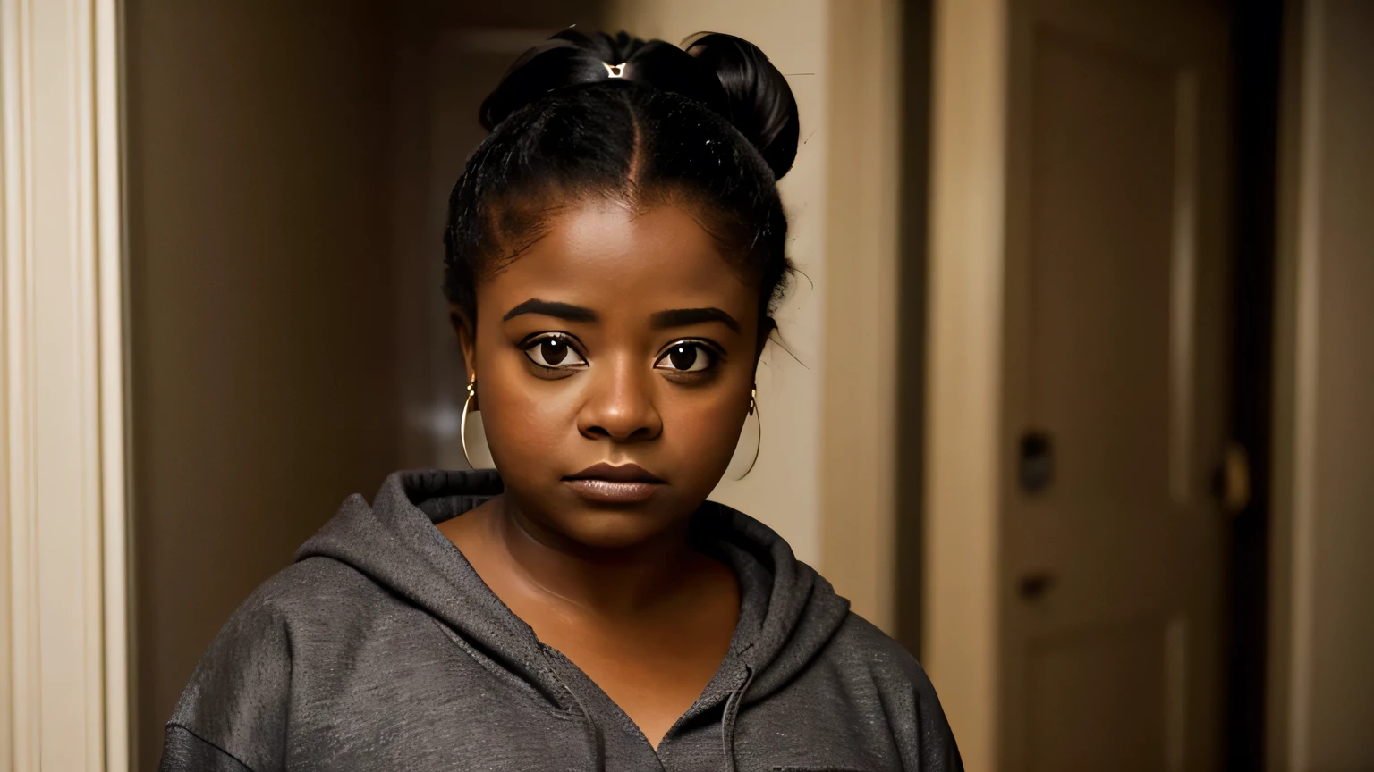 very dark cinematic close-up photo of pretty octavia spencer in her early twenties, standing in the hallway of a luxury harlem brownstone, cute updo hairstyle, wearing a heather gray sweatshirt, serious expression, dark hallway