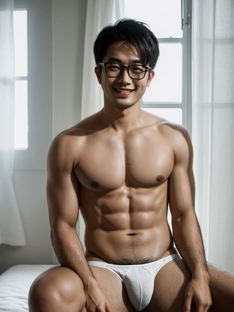 (protrait photo) asian man, 30 years old, wear glasses, shirtless, panties, His hair is neat, Face clean and clean, round face, short hair, eyes reveal wisdom and confidence, He smiles and looks at the camera, Convey a professional and capable temperament, Ultra high quality, masterpiece, textured skin, high quality, high resolution, best quality, high detail, full-length photo, whole body, sitting, lifted arms, spread legs