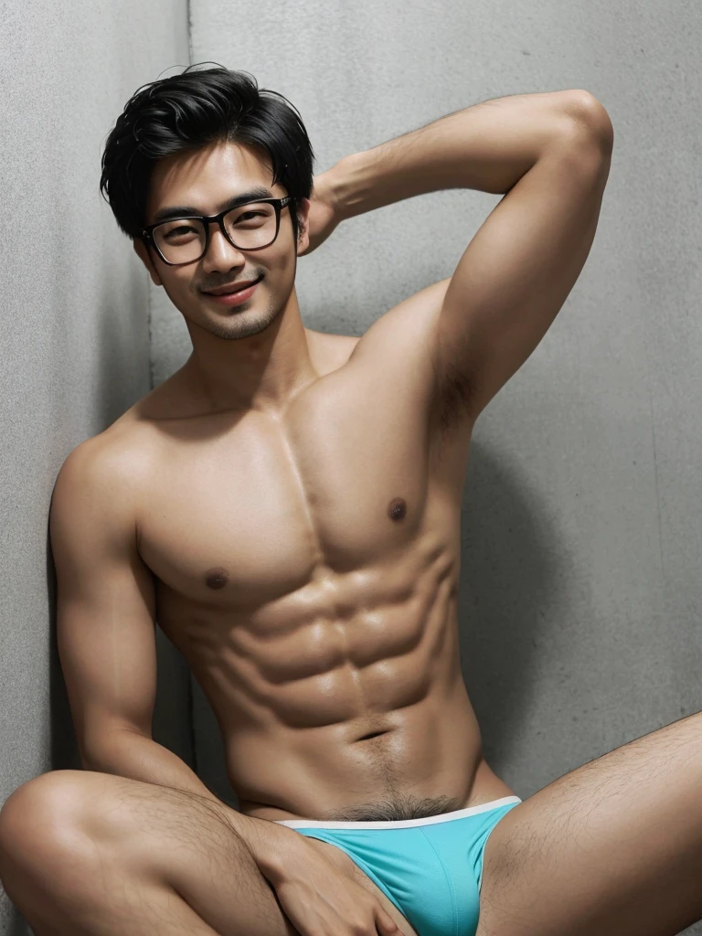 (protrait photo) asian man, 30 years old, wear glasses, shirtless, panties, His hair is neat, Face clean and clean, round face, short hair, eyes reveal wisdom and confidence, He smiles and looks at the camera, Convey a professional and capable temperament, Ultra high quality, masterpiece, textured skin, high quality, high resolution, best quality, high detail, full-length photo, whole body, sitting, lifted arms, spread legs