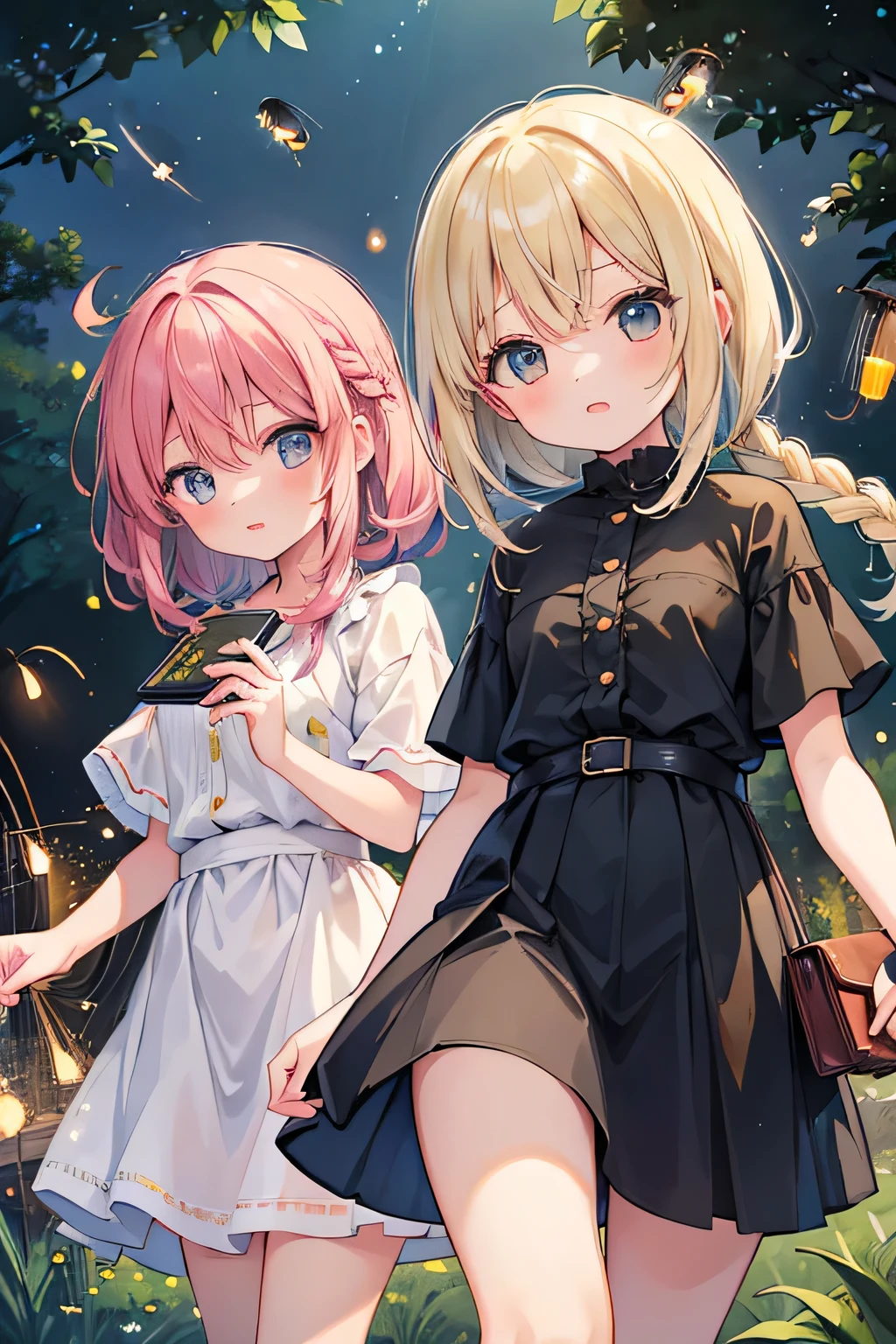 Highest quality、High resolution、Detailed Background、(Beautiful face in every detail:1.4)、Anatomically correct、(Normal number of fingers:1.2)、Detailed eyes、Teenage beauty、Highly detailed face、Perfect body line、Light color hair、Bobcut、Braided Ponytail、Braided twin tails、well-groomed eyebrows、Natural beauty、Excited、(Under the night sky:1.2)、A fun atmosphere、Cowboy Shot、(Two girls searching for and observing fireflies:1.5)、
The girl's eyes sparkle、The small hand points to the surface of the river、My friend and I are following the glow of fireflies through the bushes.、
While calling out to each other, they searched carefully through the grass.、The light of fireflies appearing one by one from among the bushes、
Using the light of a flashlight, I approached quietly and observed、The girls are fascinated by the fireflies that shine so hard with their small bodies.、
Friends watching fireflies through a magnifying glass and drawing pictures in a sketchbook、Open the illustrated book and discuss the types of fireflies and their ecology.、
Incorporate bright colored tops and reflective materials instead of just black or navy blue、T-shirts and 、Black leggings、sandals、Insect repellent spray、flashlight、drink、towel、Insect netting、Keep the flashlight light low、magnifying glass、Illustrated Book、Wonderful summer memories、cute