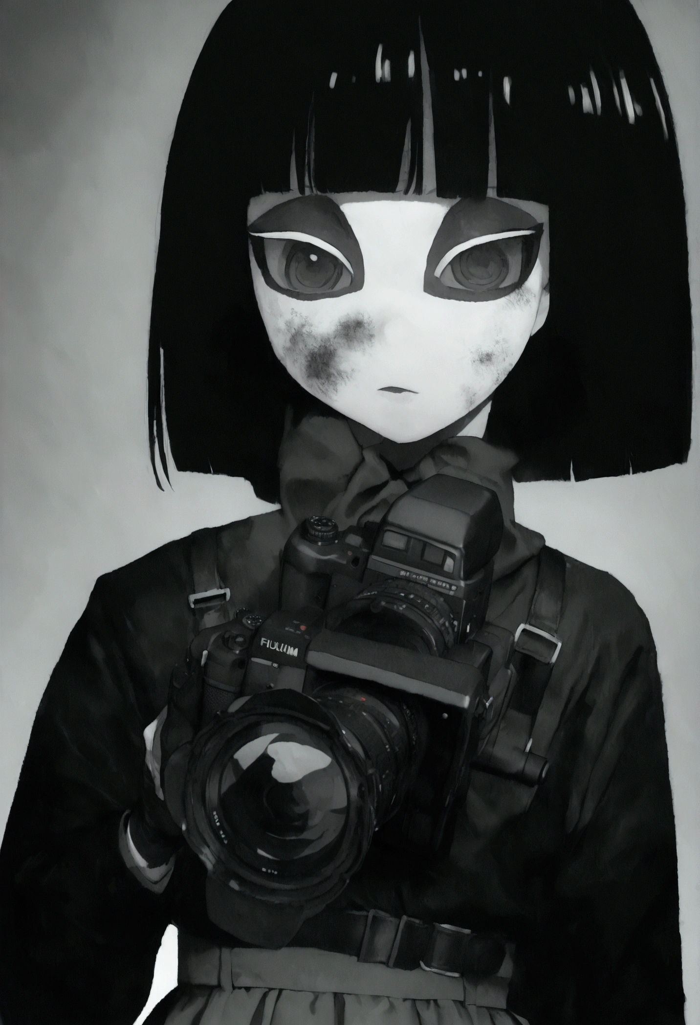 raw photo, (Chico), (man ray style:1.4), Sinister, Dark theme, horror, disturbing, fun, strap top, Skirt, would do, the same, fringe cutting, dirty black hair color, Metallic silver eyeshadow with a touch of color, Rectangular in shape (Straight and balanced with minimal waist definition), (analog style:1.2), (film grains:1.2), (very detailed skin:1.2), 8k hd, DSLR, Soft lighting, high quality, film grains, Fujifilm XT3, perfect lighting, perfect shading,