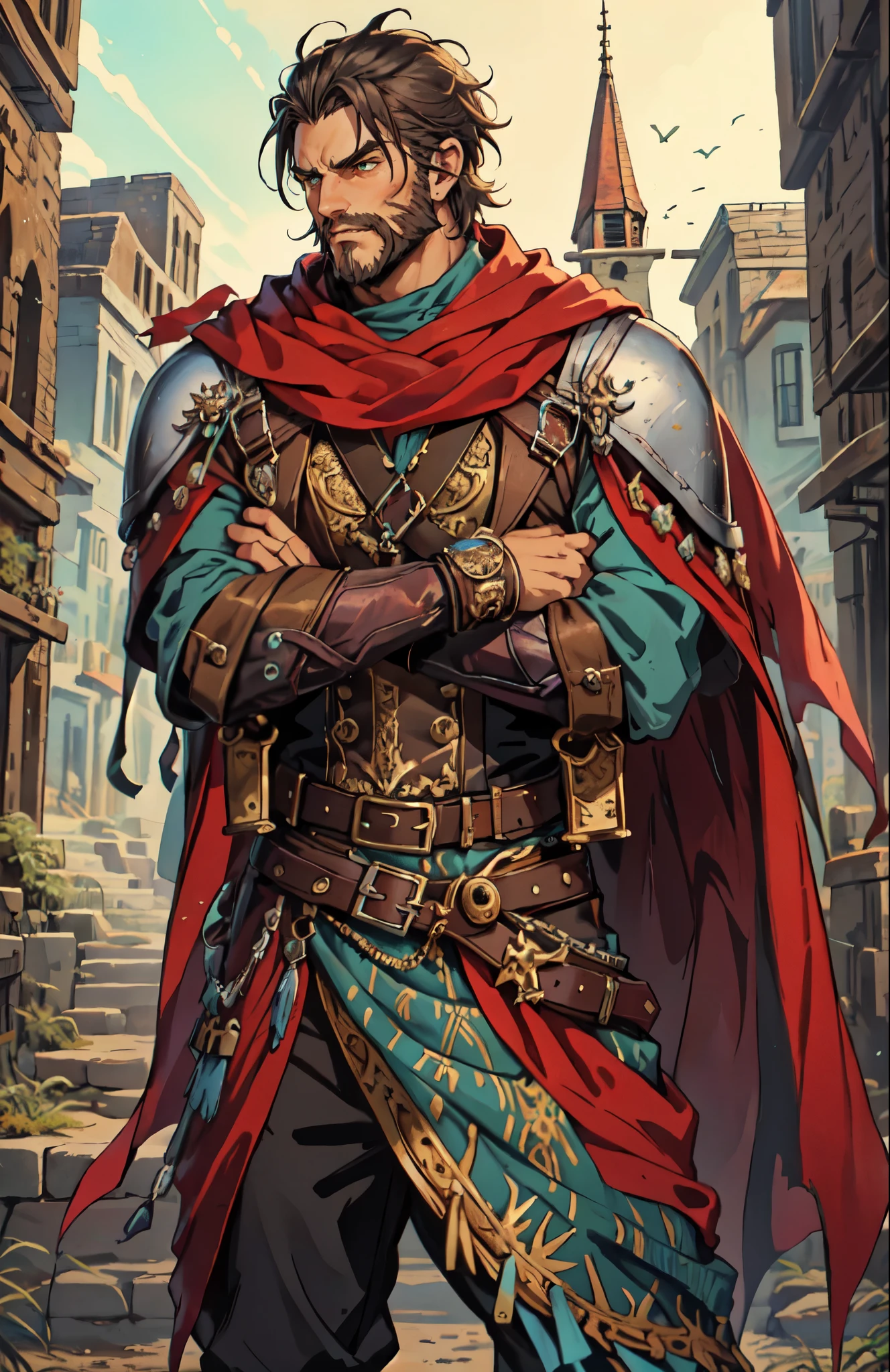 (masterpiece:1.2, best quality:1.2, extremely delicate:1.2), ((male:1.5)), a middle-aged man with short black and gold hair, rugged eyebrows, a full beard, downturned triangular eyes, an arrogant expression, mouth open laughing, a tall and robust build, a fantasy western-style cape and leather coat, his arms crossed over his chest, a leather utility belt, loose canvas trousers, standing majestically on a barren hillside, this character embodies a finely crafted fantasy western-style overlord in anime style, exquisite and mature manga art style, dramatic, high definition, highres, ultra-detailed, ultra-fine painting, professional, perfect body proportions, golden ratio, anatomically correct, symmetrical face, extremely detailed eyes and face, high quality eyes, creativity, RAW photo, UHD, 32k, Natural light, cinematic lighting, (masterpiece-anatomy-perfect:1.2)