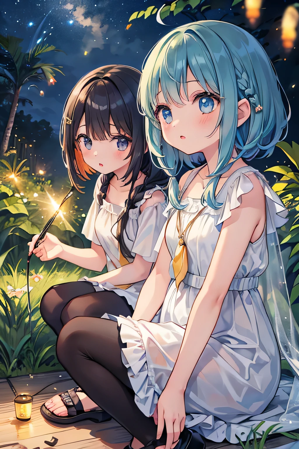 Highest quality、High resolution、Detailed Background、(Beautiful face in every detail:1.4)、Anatomically correct、(Normal number of fingers:1.2)、Detailed eyes、age beauty、Highly detailed face、Perfect body line、Light color hair、Bobcut、Braided Ponytail、Braided twin tails、well-groomed eyebrows、Natural beauty、Excited、(Under the night sky:1.2)、A fun atmosphere、Cowboy Shot、(Two girls searching for and observing fireflies:1.5)、
The girl's eyes sparkle、The small hand points to the surface of the river、My friend and I are following the glow of fireflies through the bushes.、
While calling out to each other, they searched carefully through the grass.、The light of fireflies appearing one by one from among the bushes、
Using the light of a flashlight, I approached quietly and observed、The girls are fascinated by the fireflies that shine so hard with their small bodies.、
Friends watching fireflies through a magnifying glass and drawing pictures in a sketchbook、Open the illustrated book and discuss the types of fireflies and their ecology.、
Incorporate bright colored tops and reflective materials instead of just black or navy blue、T-shirts and 、Black leggings、sandals、Insect repellent spray、flashlight、drink、towel、Insect netting、Keep the flashlight light low、magnifying glass、Illustrated Book、Wonderful summer memories、cute