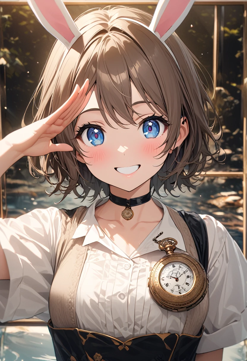 Girl in white top hat and tuxedo、Bunny ears、Choker with large pocket watch、Running Girl、Flustered figure、In the woodasterpiece, best quality, beautiful, exquisite, insanely detailed, hyper detailed, ultra detailed , delightful, smiling, looking at viewer, short hair, brown hair, Blue eyes, big eyes, 比基尼, piercing, Japanese idol, in the afternoon, cute, beautiful, vibrant academia, in the style of luminosity of water, cell アニメ, アニメ, 2d アニメ, soft-edged, soft surface, half body photo, front view, golden ratio, sunlight, Right hand salute